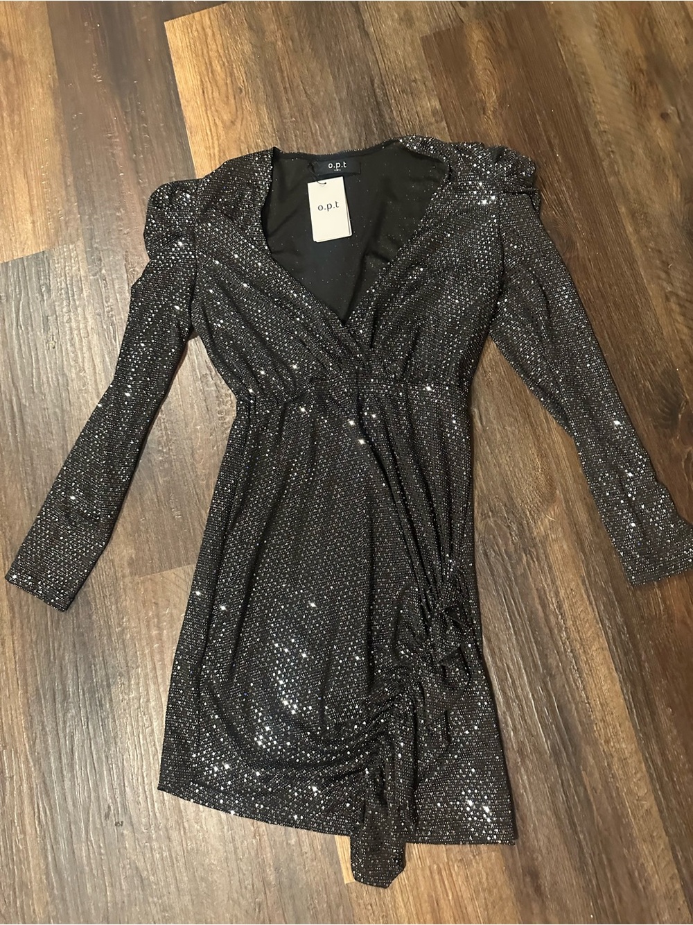 o.p.t. Black Sparkle Wrap Mini Dress